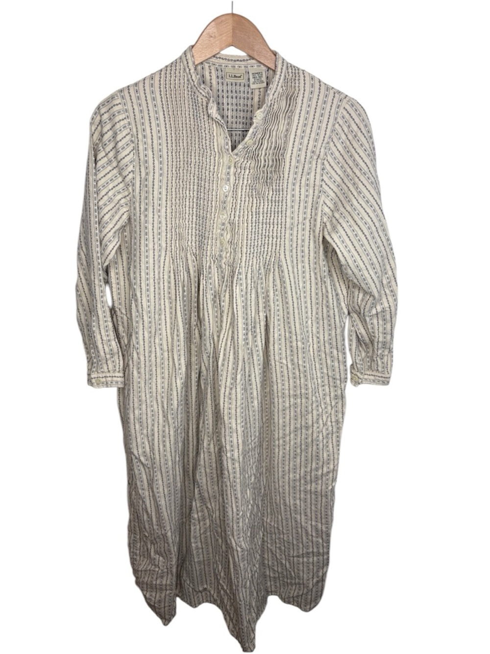 LL Bean White Blue Long Sleeve Nightgown Women Size M